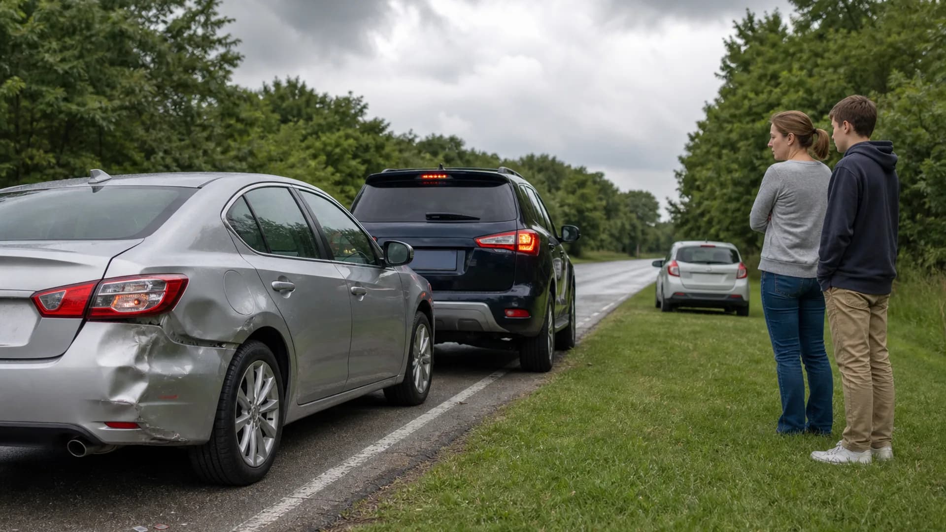 Suburban Illinois street with two cars after a minor collision, a third car nearby, and wooded roadside