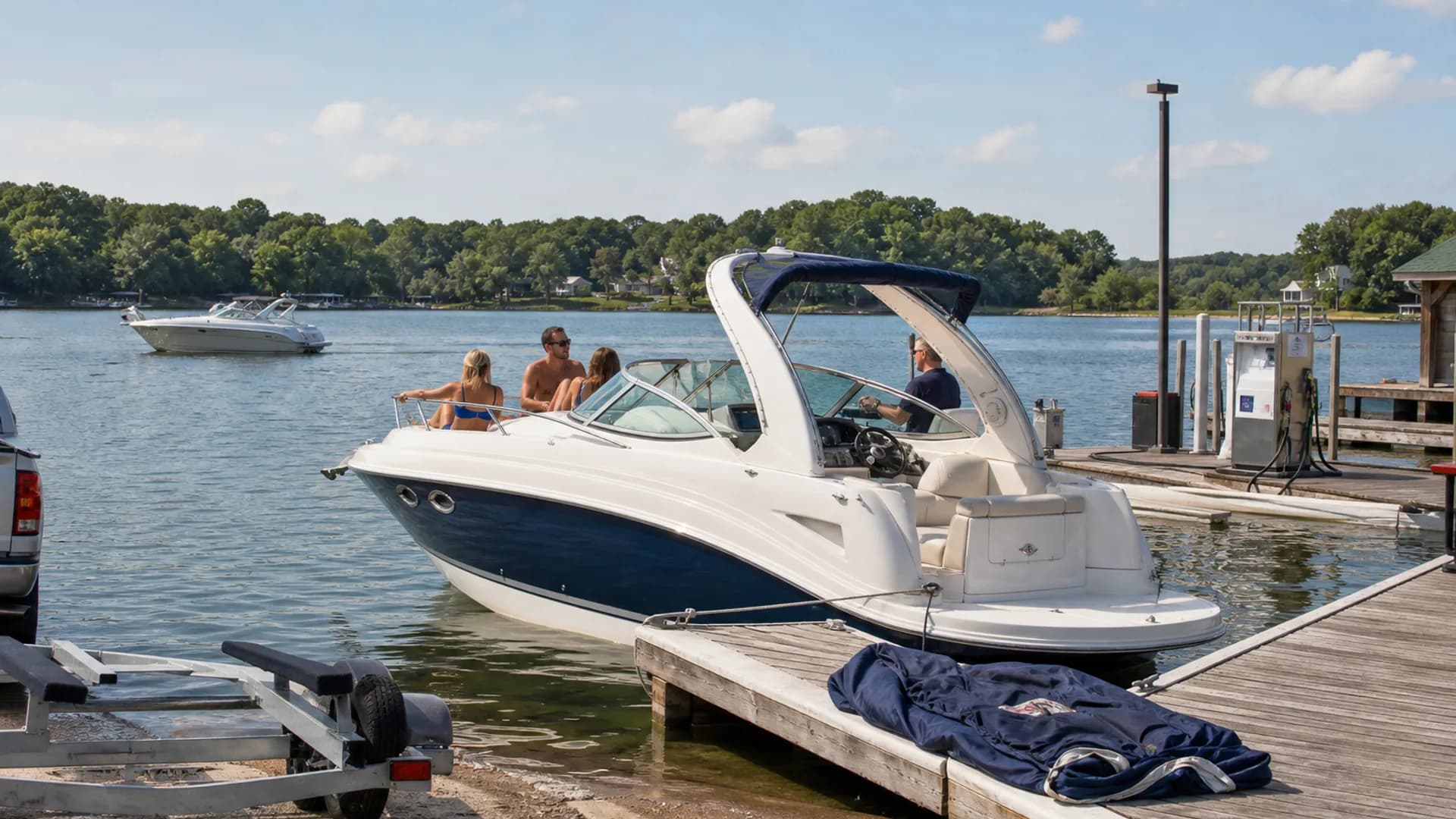 Recreational cruiser at a Midwest lake marina with dock, trailer, guests on deck, and a fuel dock nearby