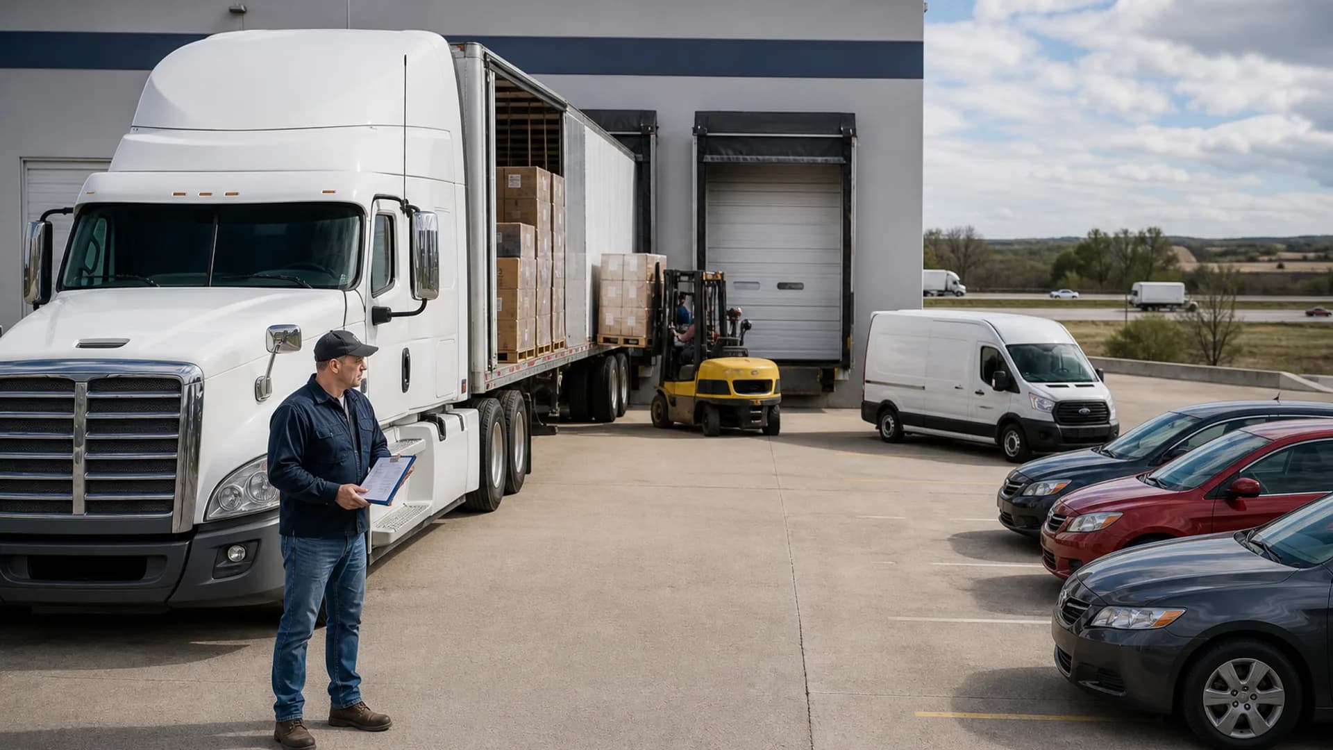 Tractor-trailer at a warehouse loading dock with cargo, a forklift, a driver holding paperwork, and other vehicles in the lot