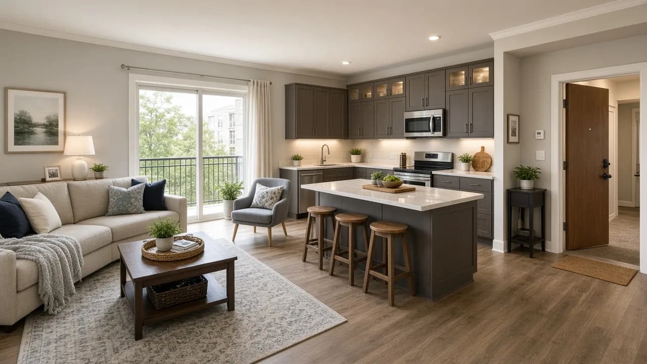 Owner-occupied Illinois condo living room with upgraded kitchen, balcony, belongings, and a shared hallway beyond the door