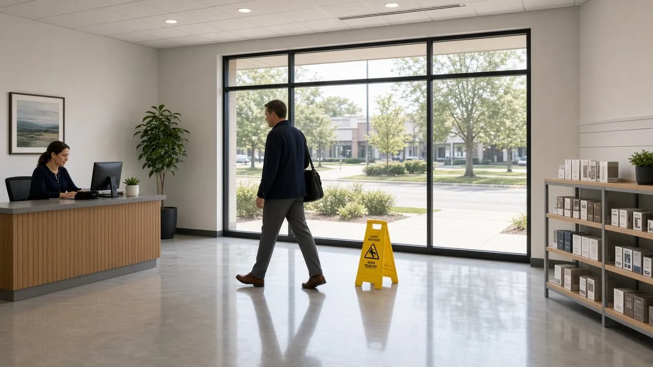 Suburban Illinois office lobby with a receptionist, a visitor, a wet-floor sign, product shelves, and a sidewalk beyond the glass