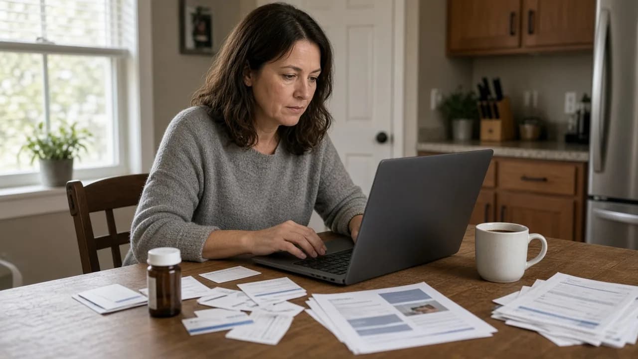Western-suburbs kitchen table with a laptop, insurance cards, prescriptions, and marketplace paperwork