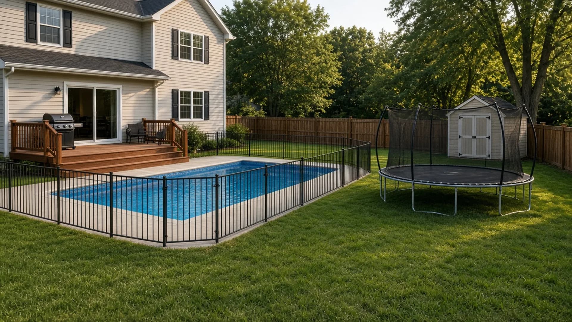 Suburban Illinois backyard with an in-ground swimming pool, trampoline, wooden deck, grill, shed, trees, and the back of the house