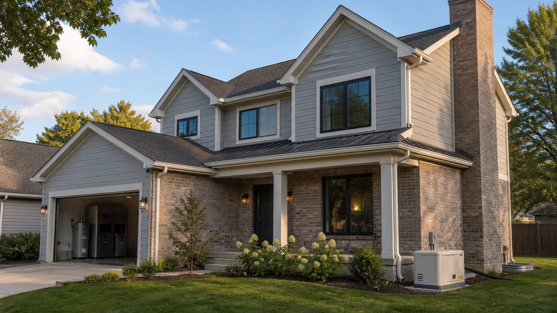 Suburban Illinois home with roof, siding, windows, chimney, trees, gutters, generator, and an open garage
