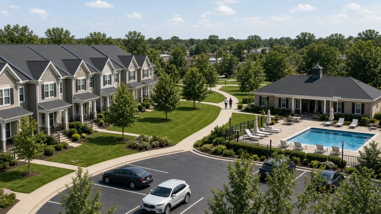 Chicagoland HOA community with townhomes, a clubhouse, landscaped courtyard, pool, and parking