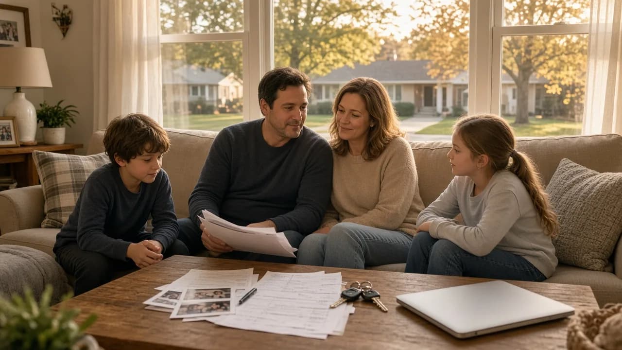 Suburban Illinois family in a living room with mortgage papers, a laptop, and kids on the sofa