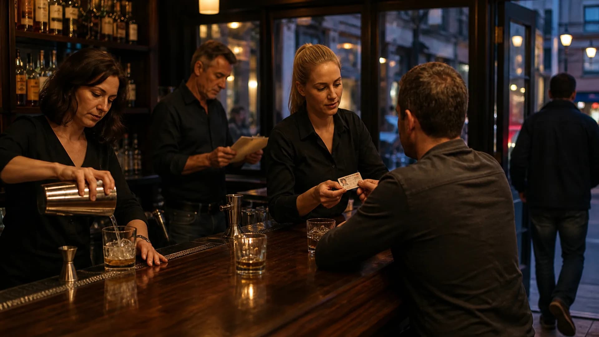 Neighborhood bar with a bartender pouring, staff checking an ID, and a patron at the door