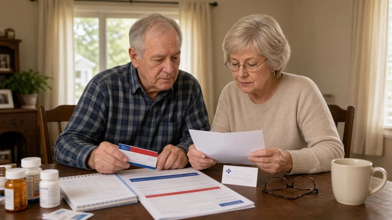 Older Illinois couple at a dining table with Medicare cards, medications, eyeglasses, and a calendar