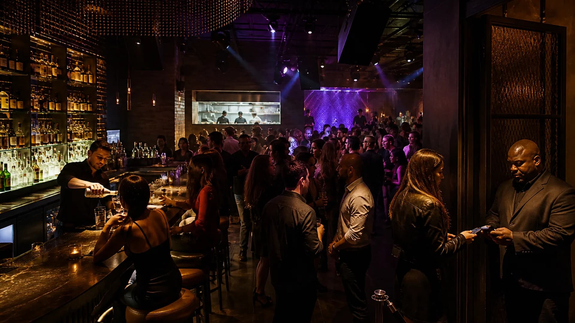 Nightclub interior with a bar, dance floor, door security, stage lighting, and a kitchen pass