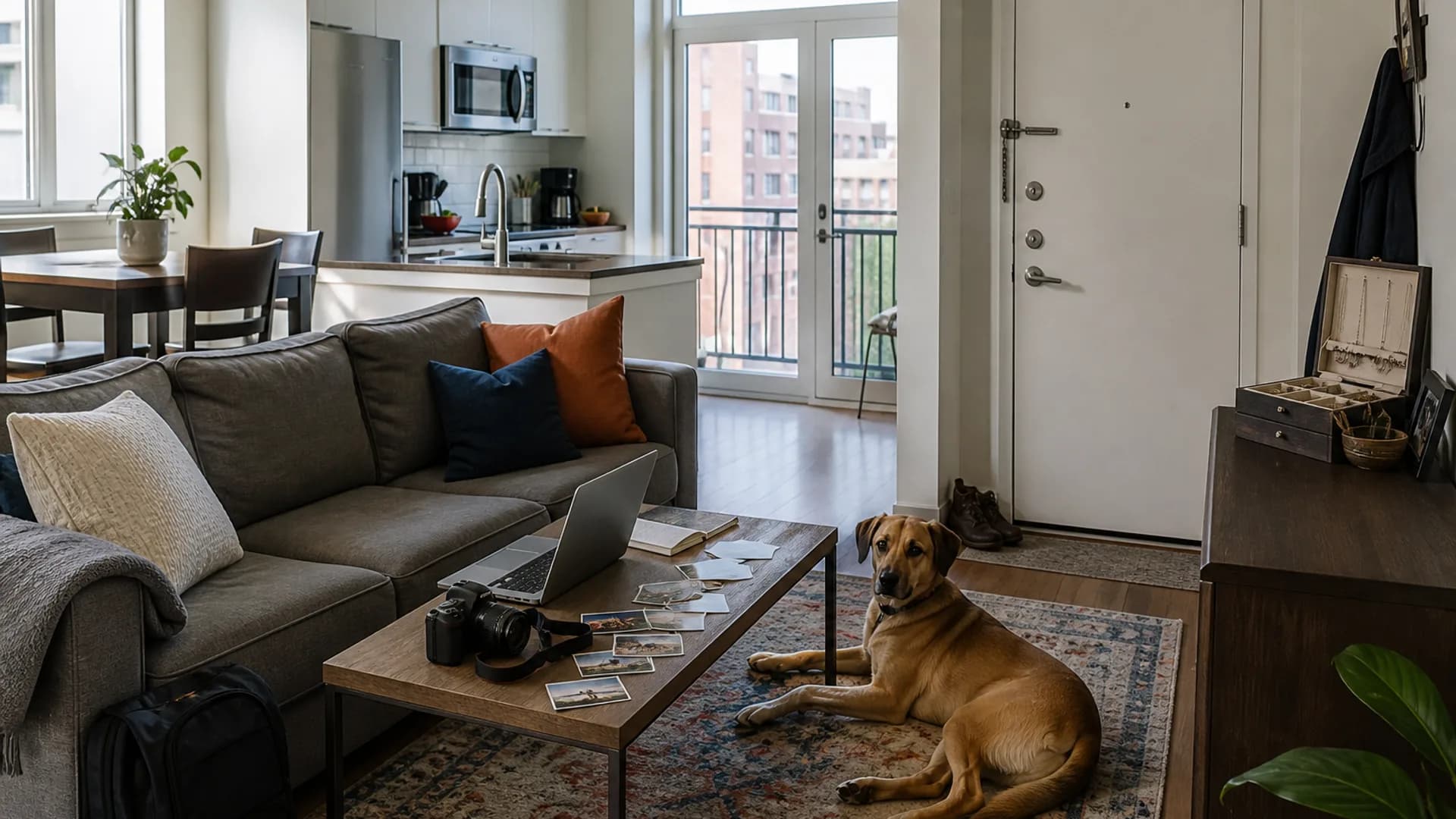 Furnished Chicagoland apartment living room with belongings, a pet, and a deadbolted entry door