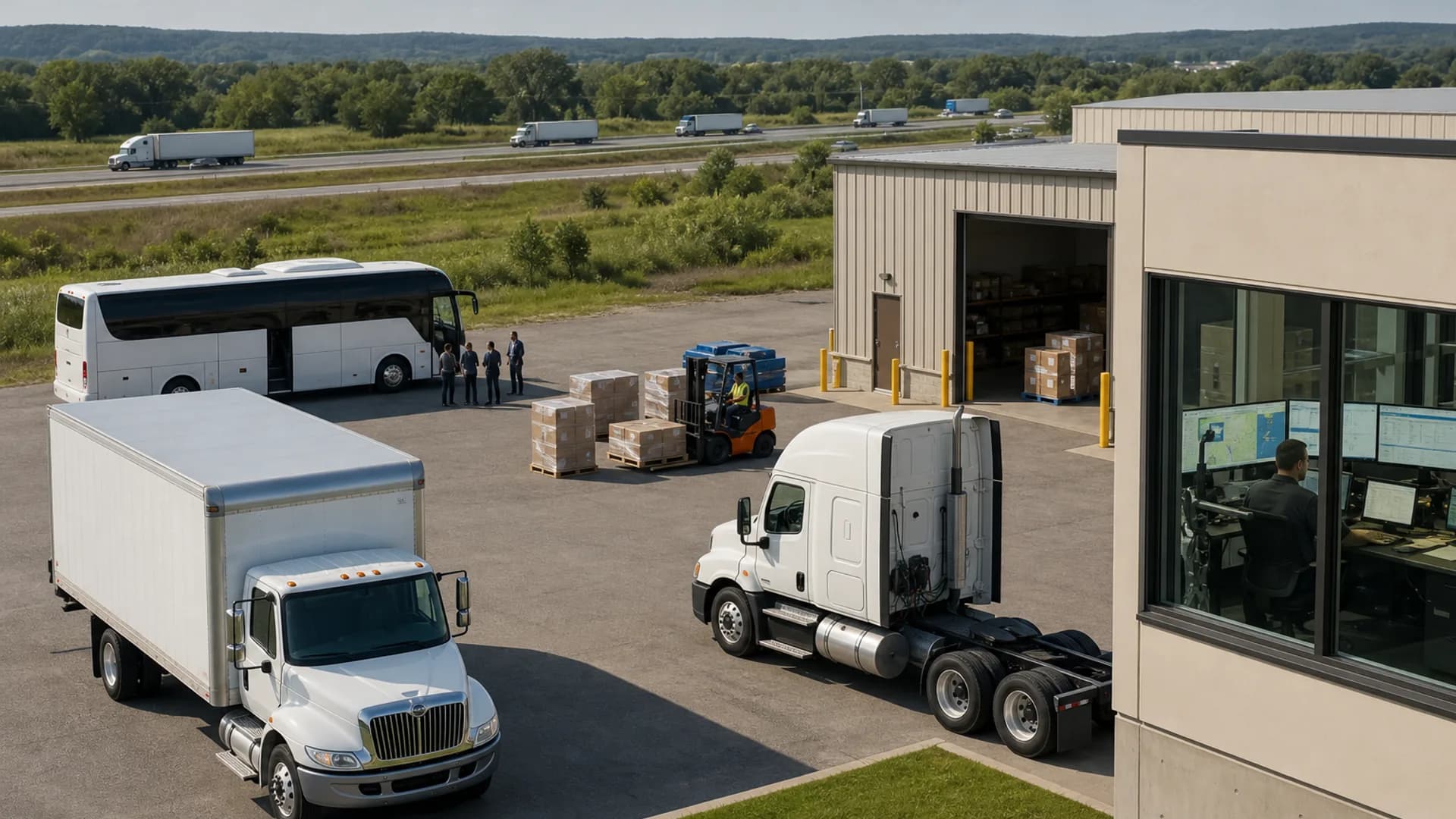 Midwest transportation yard with trucks, cargo, a warehouse, a passenger bus, and a highway in the distance