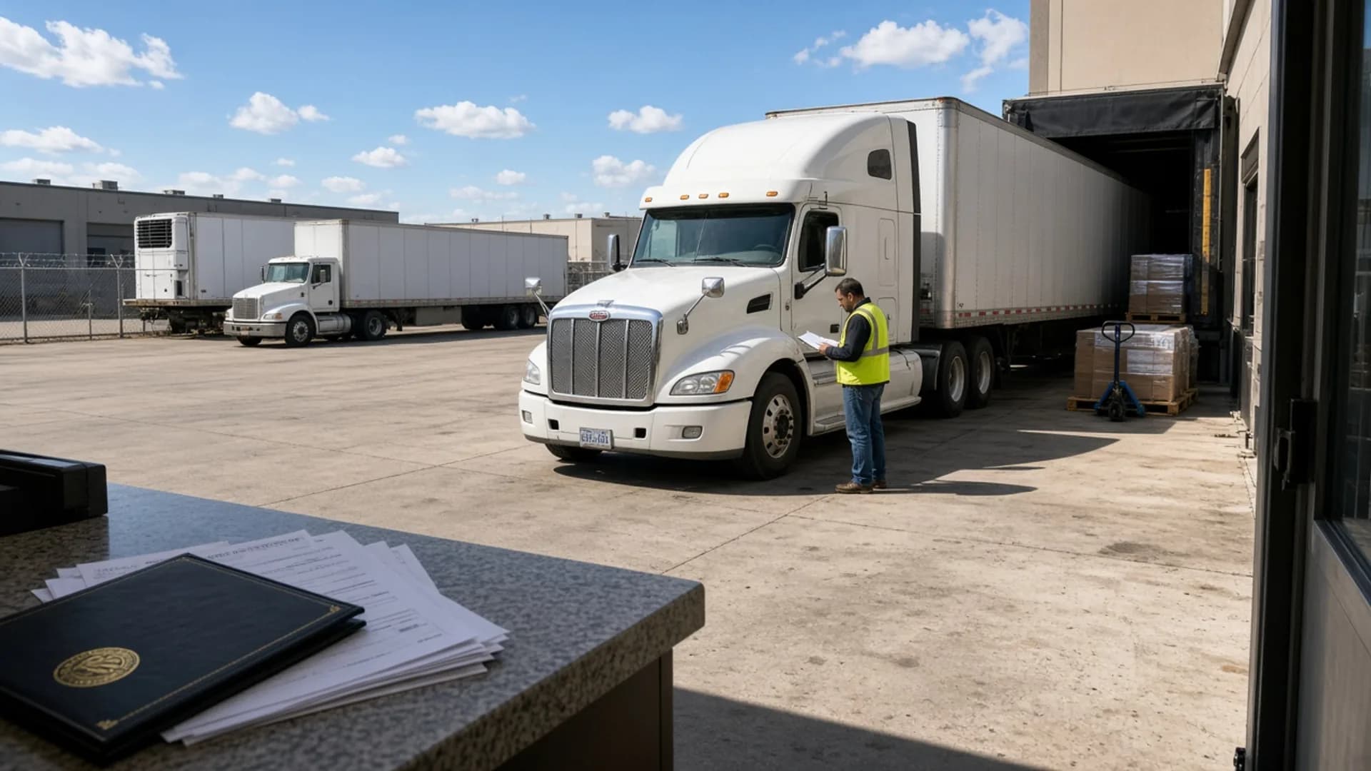 Illinois trucking yard with a tractor-trailer at a loading dock, cargo, a driver with paperwork, and another truck in the lot